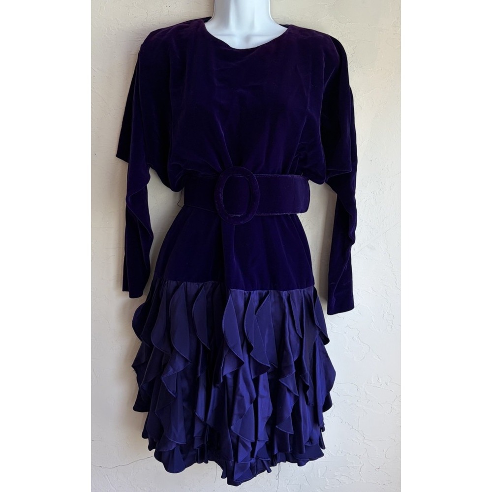 Vintage 80s Gillian Purple Velvet Batwing Silk Dress 4 Ruffle Belted Goth Prom